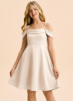Azazie Anselie Junior White Alabaster A-Line Off the Shoulder Stretch Satin Dress image5