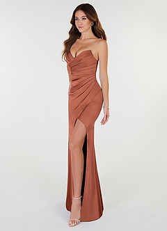 Azazie Yola Bridesmaid Dresses Clay Sheath V-Neck Pleated Stretch Satin Convertible Dress image3
