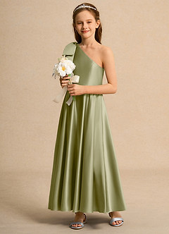 Azazie Guppy Girls Formal vestidos de niña de las flores Vestido de Musgo Verde de Satin Mate de Corte en A con Hombro unilateral image5