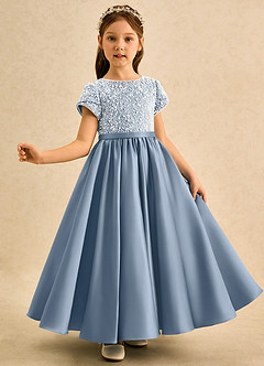 Azazie Cashew Blumenmädchenkleider Ballkleid mit ärmel Matte Satin Kleid Staubblau image4