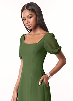 Azazie Alani Robes de demoiselle d'honneur Robe Trapèze en Mousseline de soie Encolure carrée Olive image4