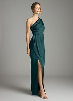Azazie Emorie Final Sale Pine Sheath One Shoulder Stretch Satin Dress image4
