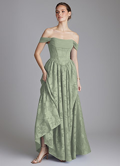Azazie Raisa Bridesmaid Dresses Agave A-Line Off the Shoulder Floral Burnout Dress image6