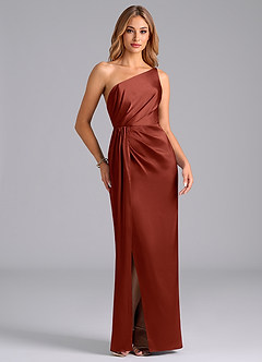 Azazie Naria Bridesmaid Dresses Terracotta Sheath One Shoulder Stretch Satin Dress image5