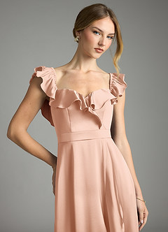 Azazie Lyra Bridesmaid Dresses Rose Gold A-Line Off the Shoulder Stretch Satin Convertible Dress image2