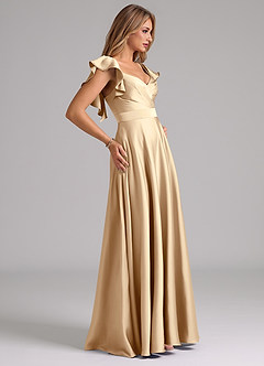 Azazie Leilani Bridesmaid Dresses Champagne A-Line Ruched Stretch Satin Dress image6