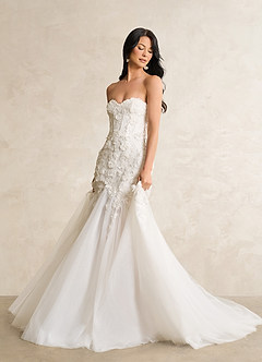 Azazie Priscilla At-home Try On Dresses Diamond White Nude Mermaid Lace Tulle Dress image4