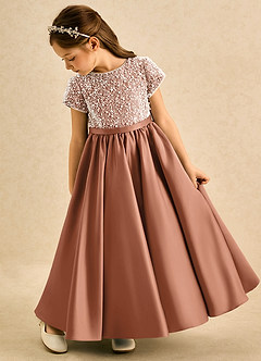 Azazie Cashew Flower Girl Dresses Bronzer Ball-Gown with Sleeves Matte Satin Dress image5