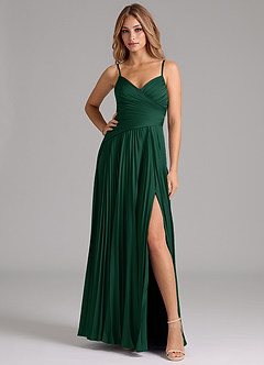 Azazie Vini Bridesmaid Dresses Dark Green A-Line Pleated Stretch Satin Dress image3