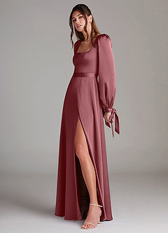 Azazie Leonia Bridesmaid Dresses Desert Rose A-Line Long Sleeve Stretch Satin Dress image5