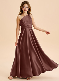 Azazie Charlize Junior Abito A-Line in Raso Elasticizzato Plissettato Espresso image5