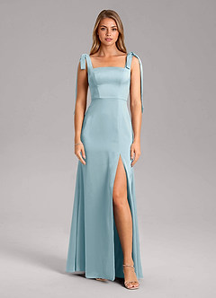 Azazie Frostine Bridesmaid Dresses Moody Blue A-Line Bow Stretch Satin Dress image5