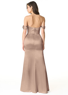 Azazie Liv Bridesmaid Dresses Taupe Sheath Off the Shoulder Metallic Satin Convertible Dress image3