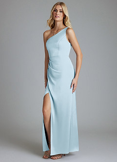 Azazie Adhara Venta Final Vestido de Azul Cielo de Satén Elástico de Corte Recto con Hombro unilateral image8