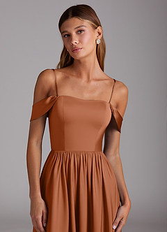 Azazie Calianna Bridesmaid Dresses Copper A-Line Off the Shoulder Stretch Satin Convertible Dress image2
