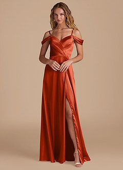 Azazie Ocean Bridesmaid Dresses Paprika A-Line Off the Shoulder Metallic Satin Dress image1