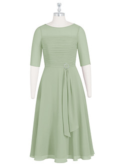 Azazie Naomi Mother of the Bride Dresses Dusty Sage A-Line Boatneck Pleated Chiffon Dress image7