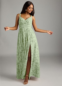 Azazie Chanel Bridesmaid Dresses Green Fern Floral A-Line Pleated Chiffon Dress image4