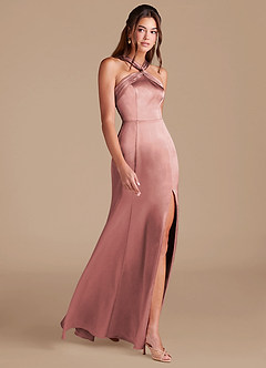 Azazie Rue Bridesmaid Dresses Dusty Rose Sheath Pleated Metallic Satin Dress image4