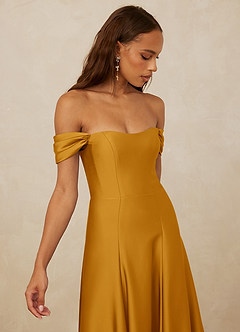 Christian Siriano Bridal for Azazie 1002 Bridesmaid Dresses Butterscotch A-Line Off the Shoulder Stretch Satin Convertible Dress image4