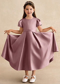 Azazie Princess vestidos de niña de las flores Vestido de Rosa Polvorienta de Satin Mate de Corte En A con Plisado image3
