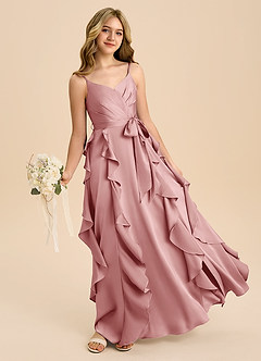 Azazie Peyton Junior Robe Trapèze en Satin extensible Plissée Rose Poussiéreuse image1