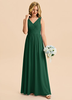Azazie Kora Junior Dark Green A-Line Pleated Chiffon Dress image4