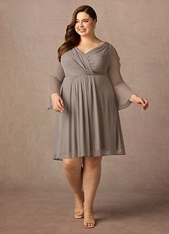Azazie Teraso Mother of the Bride Dresses Taupe A-Line Pleated Mesh Dress image13