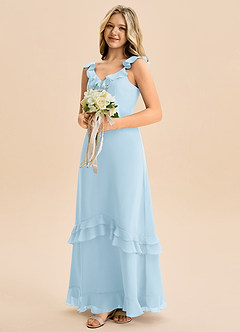 Azazie Tavie Junior Vestido de Azul Cielo de Gasa de Corte en A con Volante image4