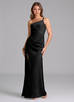 Azazie Eren Vestidos de damas de honor Vestido de Negro de Satén Elástico de Corte Sirena con Hombro unilateral image8