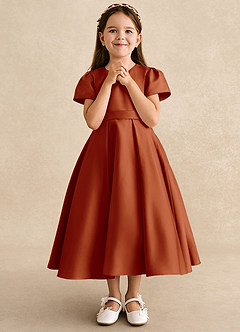 Azazie Princess Flower Girl Dresses Paprika A-Line Pleated Matte Satin Dress image4