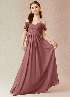Azazie Kaitlynn Junior Desert Rose A-Line Off the Shoulder Chiffon Dress image1