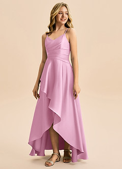Azazie Eirlys Junior Vestido Rosa Caramelo de Satén Elástico de Corte en A con Plisado image5