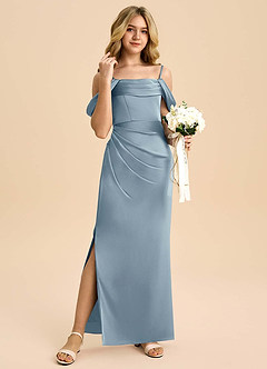 Azazie Saige Junior Vestido de Azul Polvoriento de Satén Elástico de Corte Recto con Vestidos sin tirantes image4