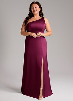 Azazie Phaedra Bridesmaid Dresses Red Plum A-Line One Shoulder Stretch Satin Dress image13