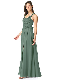 Azazie Olani Robes de demoiselle d'honneur Robe Trapèze Convertible en Mousseline de soie Épaule décolletée Eucalyptus image4