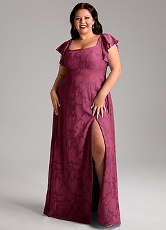 Azazie Bondi Bridesmaid Dresses Mulberry A-Line Side Slit Floral Burnout Dress image7