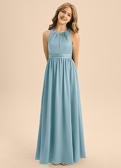 Azazie Jaylah Junior Moody Blue A-Line Pleated Stretch Satin Dress image5