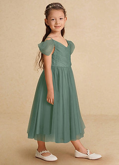 Azazie Lizzette Flower Girl Dresses Eucalyptus A-Line Ruched Tulle Dress image1