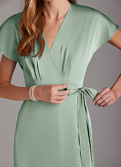 Azazie Nico Bridesmaid Dresses Agave A-Line V-Neck Stretch Satin Dress image7
