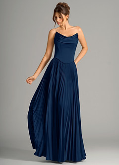 Azazie Saedra Bridesmaid Dresses Dark Navy A-Line Corset Stretch Satin Dress image1