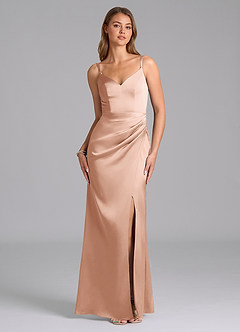 Azazie Leo Final Sale Rose Gold Sheath Pleated Stretch Satin Dress image1