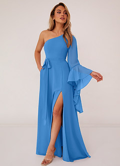 Barbie ♥ Azazie Brautjungfernkleider A-Linie Langarm Chiffon Kleid Blauhäher image3