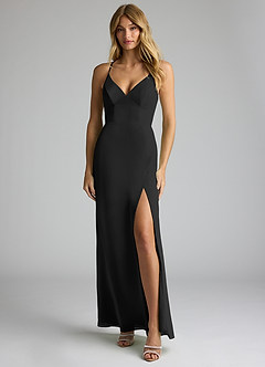 Azazie Becca Bridesmaid Dresses Black Sheath V-Neck Chiffon Dress image1