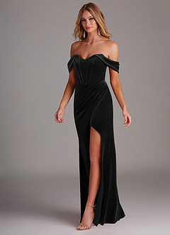 Azazie Jas Bridesmaid Dresses Black Sheath Off-The-Shoulder Corset Velvet Convertible Dress image3