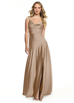 Azazie Kayla Bridesmaid Dresses Taupe Sheath Side Slit Stretch Satin Dress image1