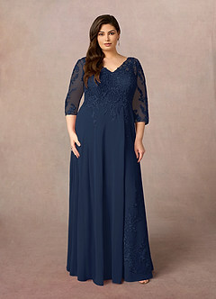 Azazie Noella Mère de la mariée Robes Robe Trapèze en Mousseline de soie Col V Dentelle Bleu Marine Foncé image9