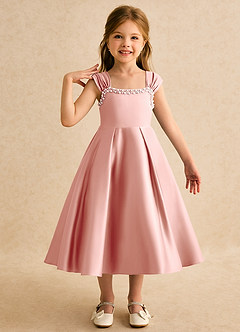 Azazie Yosemite Robe Demoiselle D'honneur Fillette Robe Princesse en Mat Satiné Encolure en Forme de Cœur Rosette image1