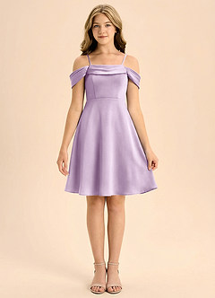 Azazie Anselie Junior Frosted Lilac A-Line Off the Shoulder Stretch Satin Dress image3