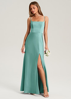 Azazie Lidia Vestidos de damas de honor Vestido de Aqua de Satén Elástico de Corte Sirena con Corte Lateral image1